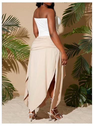 SOLY HUX Women's Plus Size Skirt Ruched Elastic Waist Split Asymmetrical Hem Long Skirts2