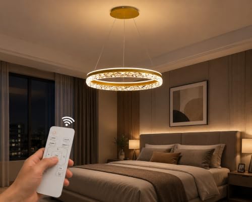 Image of Modern LED Chandelier, 19.68 inch 1 Ring Pendant Lighting with Acrylic Lampshade, Dimmable Remote Control, Adjustable Circular Ceiling Light for Dining Living Room (Color : Gold)