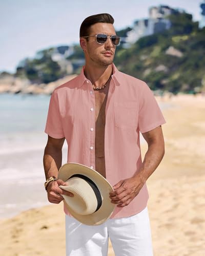 Image of J.VER Mens Linen Shirt Short Sleeve Button Down Casual Summer Shirts | Cotton Linen, Untucked, Big Tall, from Beach Camp Vacation, Cruise Fishing, Work Office, to Wedding Party Family, with Pocket