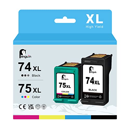 Penguin 74XL 75XL Ink Cartridge Replacement for HP 74 75 (CB335WN) for Photosmart C4280 C4480 C4225 C4342 D5368 Deskjet D4260 D4360 Officejet J5730 J6415 Printers Black and Color 2 Pack