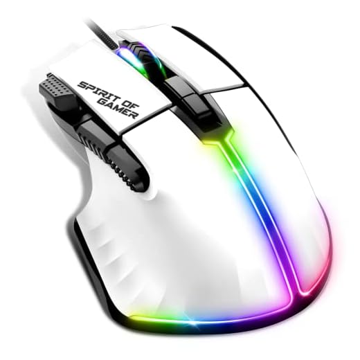 Spirit Of Gamer | Souris Gamer Blanche Filaire pour PC 12800 DPI | Souris RGB 8 Boutons Programmables/Rapid Fire | 13 Effets de Rétroéclairage | Gaming Mouse Ergonomique avec Repose Pouce