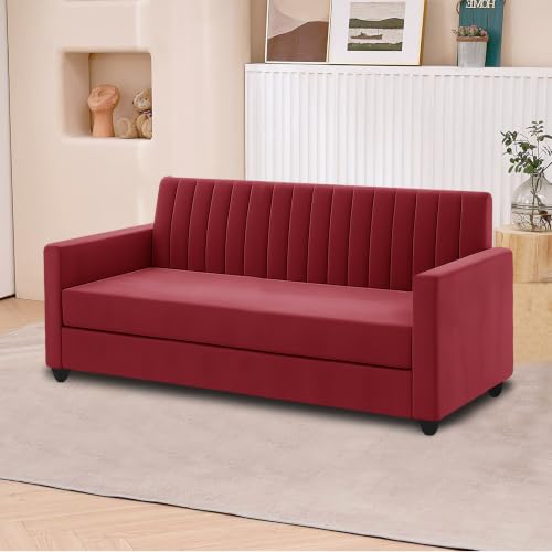 Image of 3+2 Fabric Sofa Set with Ottoman for Living Room | Modern Upholstered 5-Seater Couch | Soft Cushion, Premium Velvet Fabric-Red
