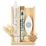 Kommunion Geschenk Set, Stabkerze mit Fisch Kerzenständer und Trockenblumenstrauß, mit Reagenzglas - in Holzbox Holzverpackung, Geldgeschenk Kommunion, für Jungen und Mädchen