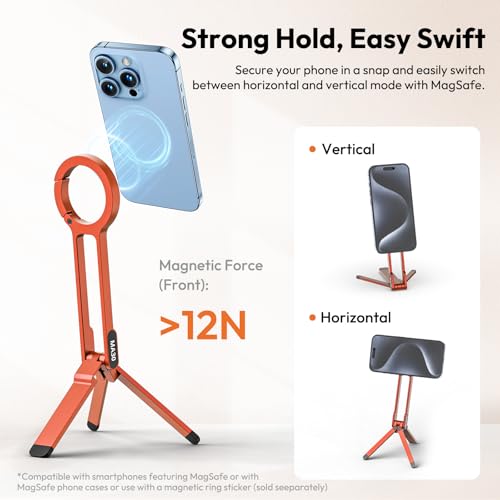 Image of ULANZI MA30 Magnetic Phone Tripod Stand for iPhone - Aluminium Maglock Smartphone Mini Tripod Pocket Cell Phone Stand Strong Magnet Quick Mount Compatible with iPhone 16 15 14 13 12 Series, Orange