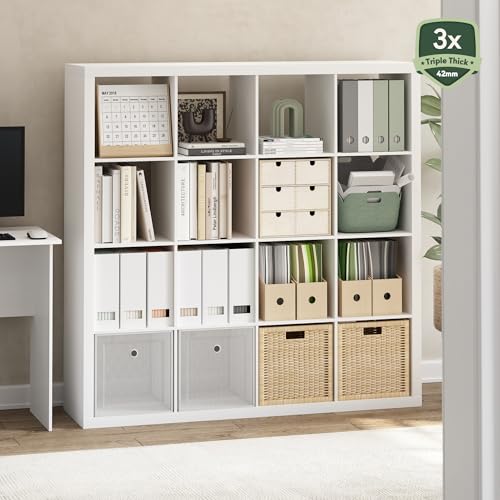Furinno Cubicle Book Shelf, 16-Cube Bookshelf, Triple Thick Frame Cube Storage Organizer, 1.65" Bookcase, 15.4 x 57.4 x 56.9, for Home Office, Living Room, Plain White by Furinno - Image 2