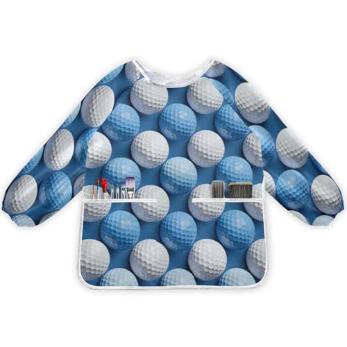 SyXIOP Bata de artista impermeable con manga larga con 2 bolsillos para niños de 2 a 4 años, bata de artista con manga larga para pintar, cocinar, manualidades, arcilla azul y blanco pelota de golf