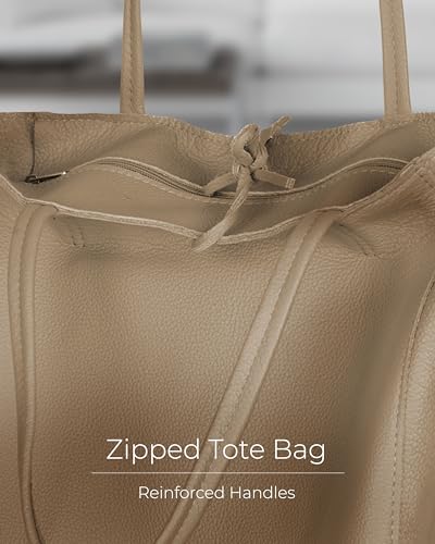Image of Genuine Italian Leather Tote Bag for Women, Large Slouchy Purse, Taupe | Unstructured bag, raw unlined interior with zip pocket, top zipper, side ties, folds flat, fits a 16-inch laptop, lightweight