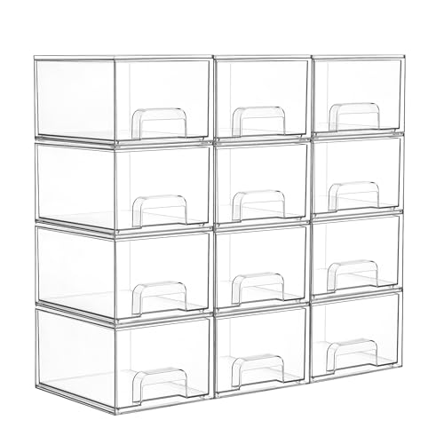 Vtopmart 12 Pack Small Clear Stackable Storage Drawers,Acrylic Bathroom Makeup