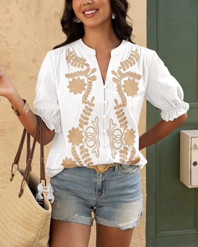BTFBM Women's 2026 Summer Tops Casual Floral Boho V Neck Puff Short Sleeve Button Down Shirts Embroidered Blouses Tunic(Floral White Khaki, Medium) — view 5