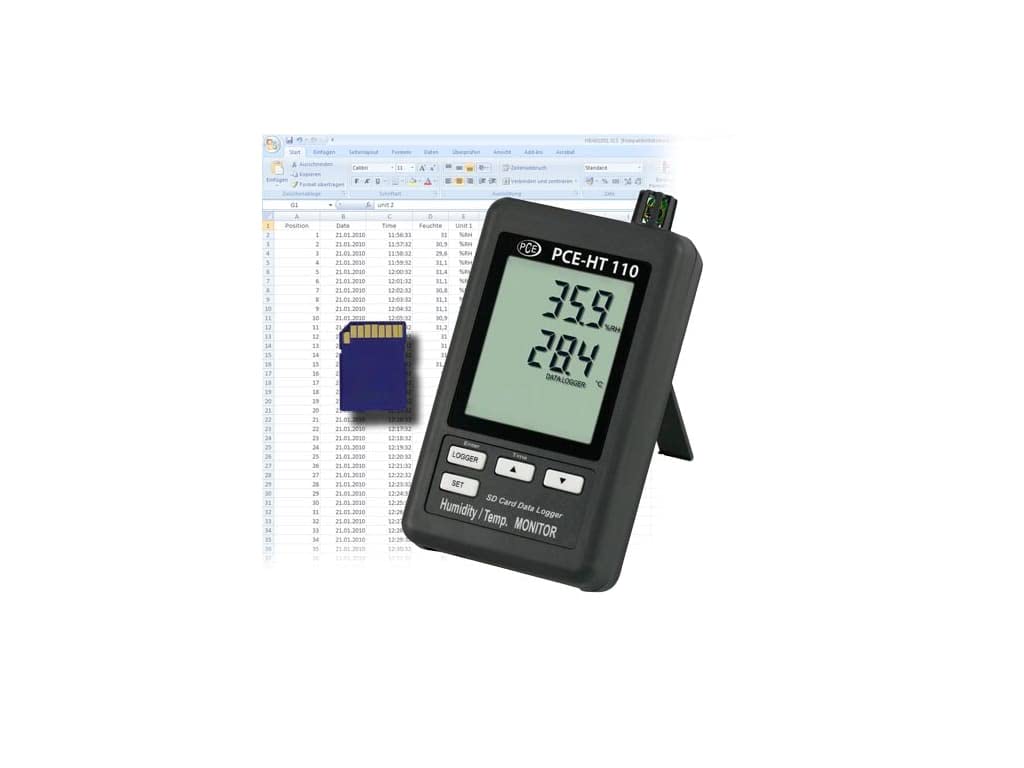 PCE Instruments PCE-HT110 Humidity Detector, for Climate Monitoring, Measures Humidity 0 … 100% RH & Temp -30 … 60°C / -22 … 140°F, with Data Logger, USB & LCD Display