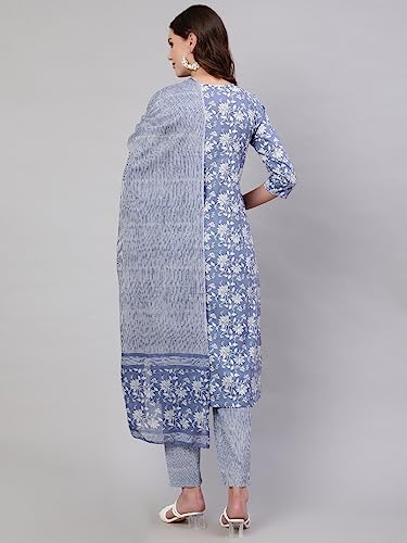 Image of Mizaz Women Embroidered Printed Cotton Round Neck 3 /4 Sleeves Straight Kurta Pant And Dupatta Set (MZ1023BLUE P)