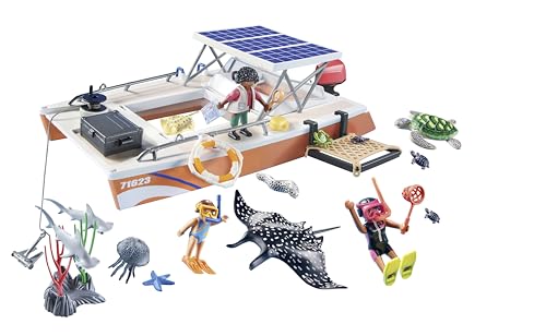 Playmobil 71623 Bateau de Surveillance des récifs coralliens Wiltopia Comprend Trois Personnages Un Catamaran avec Toit Solaire des Animaux Ainsi Que des Accessoires Dès - vue 6