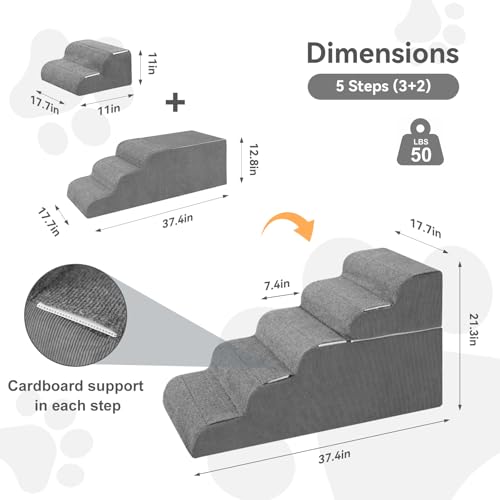 Image of ABORON 5-Step Dog Stairs for High Beds, 21.3 in Tall Pet Steps
