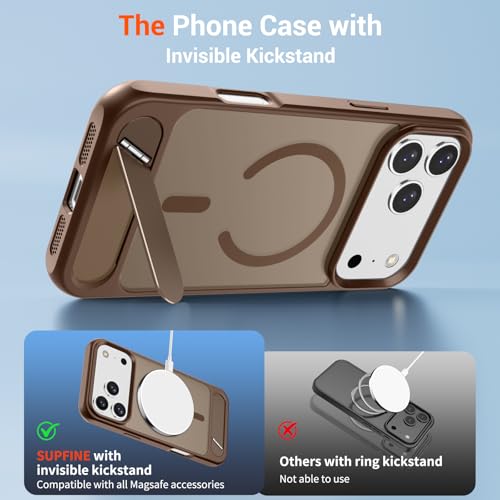 Image of SUPFINE Magnetic for iPhone 17 Pro Case Translucent Matte Phone Cover | (Built-in Invisible Kickstand)(Compatible with MagSafe)(Military Grade Drop Protection) Brown