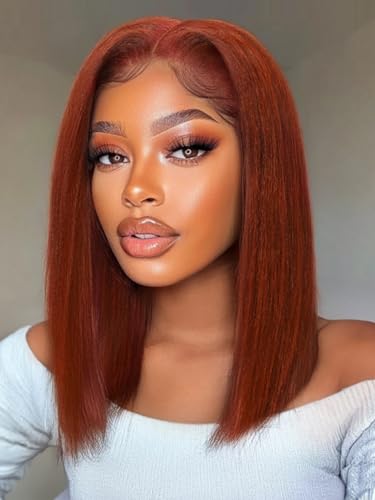 Image of Sunber Bye Bye Knots Reddish Brown Yaki Straight Bob Glueless Wigs Human Hair Pre cut 7x5 Lace Front Wig Pre Plucked Pre Bleached Knots 3S Ready to Wear Put and Go Red Brown Short Bob Wig 14Inch