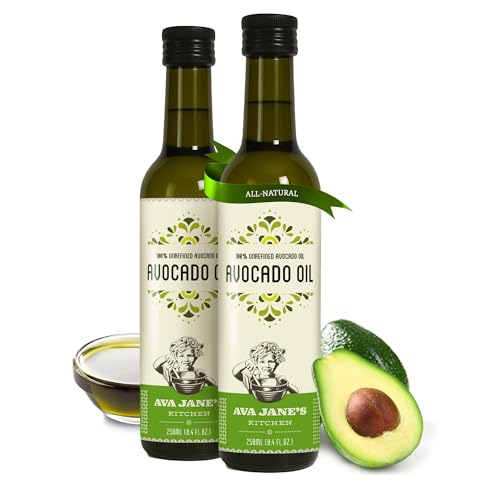 AVA JANE'S KITCHEN - Extra Virgin Avocado Oil - 100% Cold Pressed, Natural, & Unrefined - 480°F High Smoke Point, Rich in Potassium & Vitamins - Creamy & Buttery Taste - 2 Bottle Pack, 8.4 fl oz each