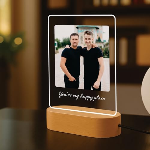 Image of Giftplease Personalized Photo Night Light, Custom Acrylic LED Lamp with Wooden Base, Engraved Picture Light Frame with Text, Heartfelt Brotherhood Friend Gift for Birthday, Rakhi, Christmas