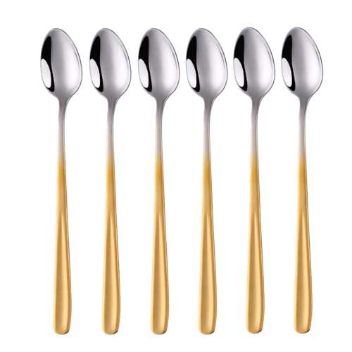 SBOMHS Cucchiaio per latte macchiato, 18/10, in acciaio inox, con manico lungo, per caffè, cappuccino, cucchiai da dessert da 20 cm, per yogurt, nutella, caffè, 6 pezzi (oro sfumato)