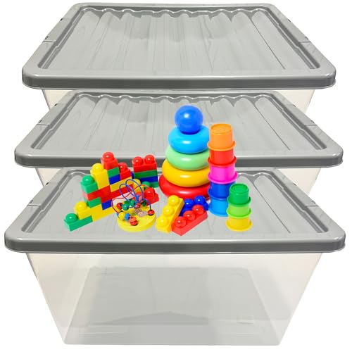 3 x 62L Stackable Clear Plastic Storage Boxes With Silver Lids Clear, Deep & Strong For Home, Garage & Office