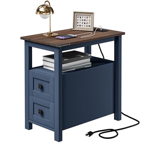 VVFLU Farmhouse End Table with Charging Station and 2 Storage Drawers, Blue Wood Nightstand Narrow, Skinny Side Table Rustic, Slim Bedside Table, Open Shelf, Small for Bedroom, Living Room, Sofa
