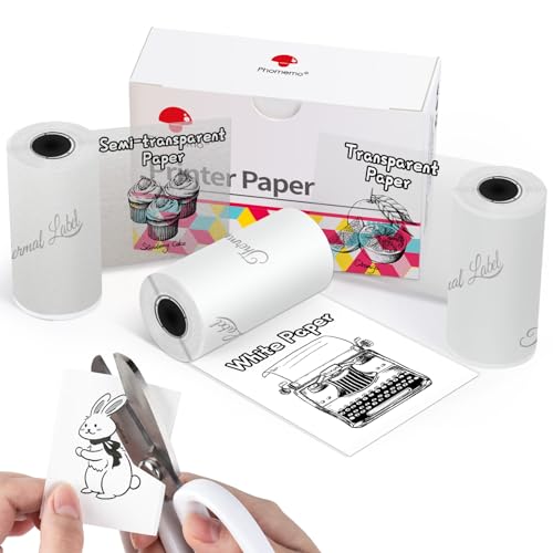Phomemo Papel Térmico Adhesivo para Impresora Phomemo M02, M02PRO, M02S, M03, M03AS, M04S, M04AS, papel Térmico Blanco/Transparente/Semitransparente, 53 mm x 3,5 mm, 3 Rollos