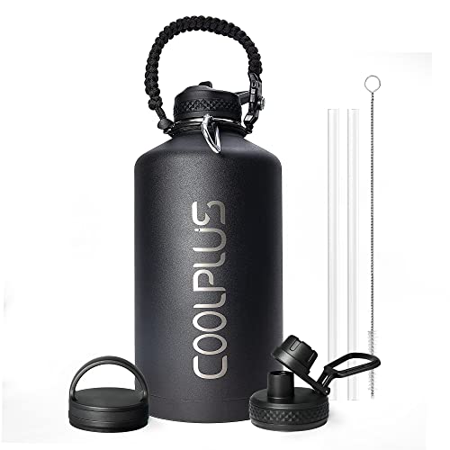 Coolplus 1 Gallon Water Bottle Insulated with Paracord Carrier Cord & Safe Buckle, 128 oz Large Stainless Steel Hydro Water Jug Flask 48H Cold, A Outdoorsy Vibe for Gym, Midnight Black