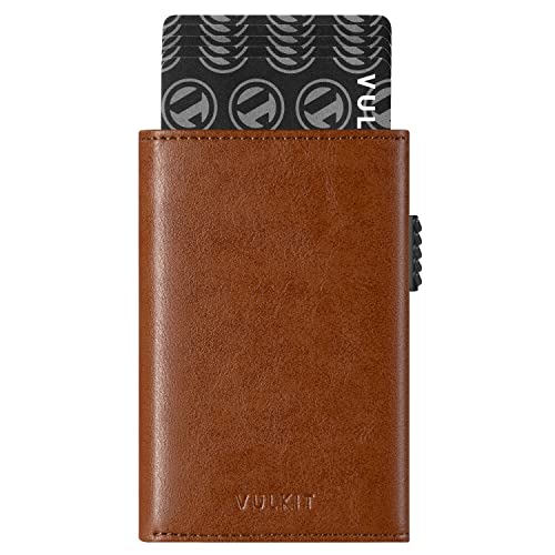 VULKIT Men's Card Holder Wallet Pop Up Wallet Magnetic Closure RFID Blocking Tri-fold Leather Wallet