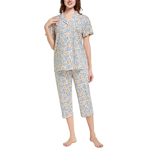 Image of Tugege Capri Pajamas Set Womens Button Down Short Sleeve Lounge Sets Sleepwear Notch Collar Top & Capri 2 Piece PJ Sets