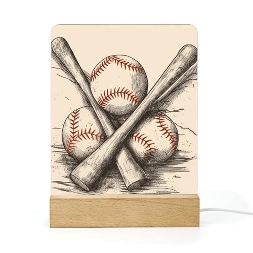 Veilleuse baseball acrylique bois, éclairage LED doux contre l'obscurité