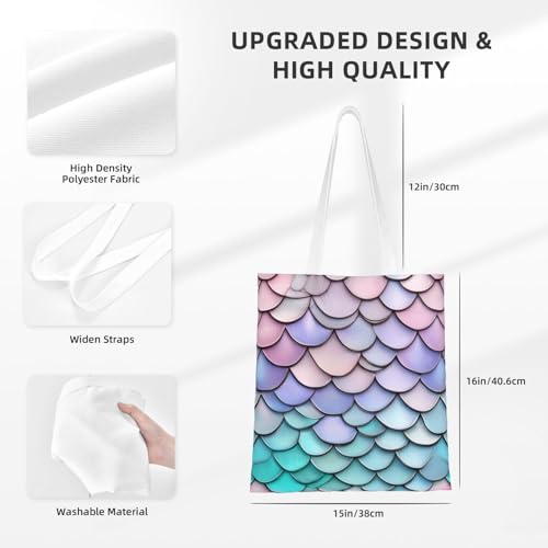 Mermaid Red Purple Aqua Print Polyester Canvas Tote Bag, Shopping Bag With Reinforced Handles, Reusable4