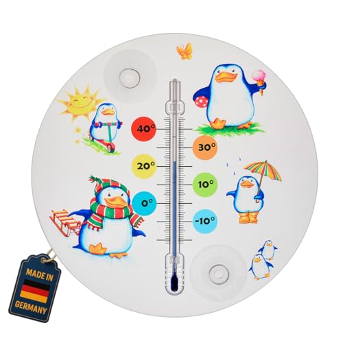 TFA Dostmann Pinguin Analoges Fensterthermometer, 14.6016.02, ideal fürs Kinderzimmer, leichte Montage mit Saugnäpfen, Außen Temperatur messen, Wetter erklären, deutsches Familienunternehmen, bunt