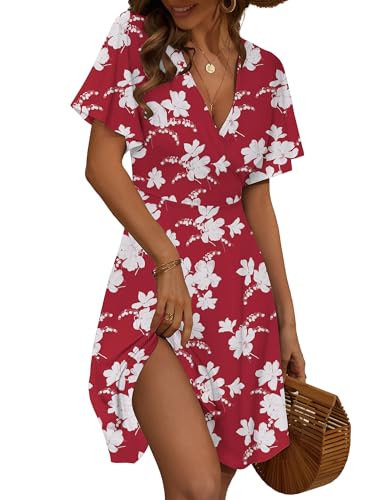 FENSACE Vacation Outfits for Women Flattering Lightweight Tummy Control Summer Dresses(Red White...