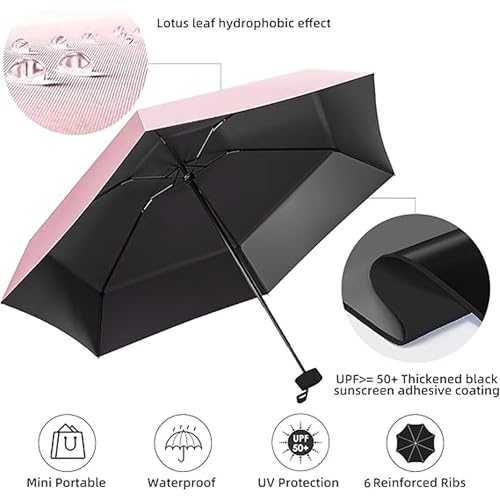 Image of REXERA Travel Mini Folding Compact Umbrella with Case, Manual Open 6 Ribs Lightweight Portable, Small Sun & Rain Pocket Umbrella for Girls and Women- Use in Rain & Summer