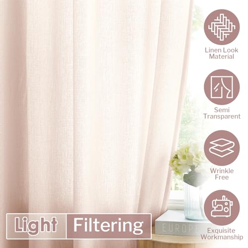 Image of Melodieux Pink Sheer Curtains with Tiebacks - 84 Inches Long for Living Room, Rod Pocket, Linen Look Shiny Texture, Semi Sheer Light Filtering Curtain Drapes for Bedroom, 52 inch W x 84 inch L, 2 Panels