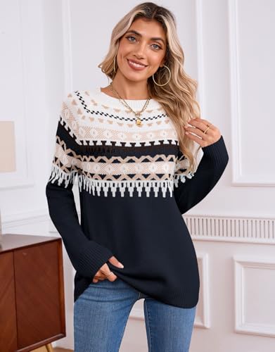 Image of Women's Fair Isle Sweater Crew Neck Long Sleeve Heart Sweater Vintage Tops
