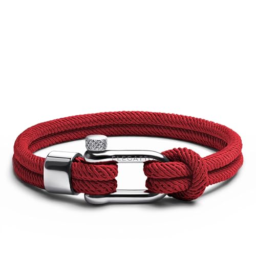 Elegatto Alchor Platinum Rope Bracelet for Men | Premium Nylon Marine Cord with Silver Polished Stainless Steel Shackle Closure | Water Resistant | Men’s Designer Bracelets | Red Small by Elegatto - Used condition - US$46.00