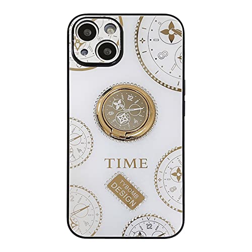 Nzjasy Luxury Jewelled Time Clock Stand Holder Phone Case For Iphone 13 6.1" Cute Plating Finger Ring Bracket Cover Glossy Mirror Back Cases Compatible With Iphone 13 White #TOP6