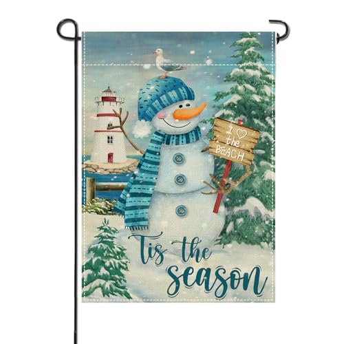 Artofy Winter Snowman Beach Small Decorative Garden Flag, 'Tis The Season Coastal Pine Tree...