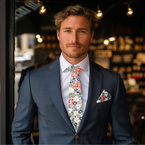 Corbata skinny floral de algodón con set de pañuelo y clip miniatura 2