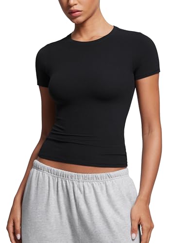 CRZ YOGA Softembrace Short Sleeve Going Out Tops for Women Soft High Crew Neck Casual Tight Shirts Fitted Basic T-Shirts