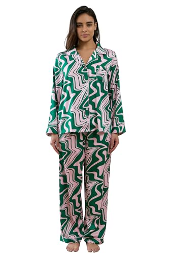 Image of YiNi LuLu Womens Silk Satin Pajamas Set Button Down 2 Piece Pjs Long Sleeve Oversized Sleepwear with Pockets