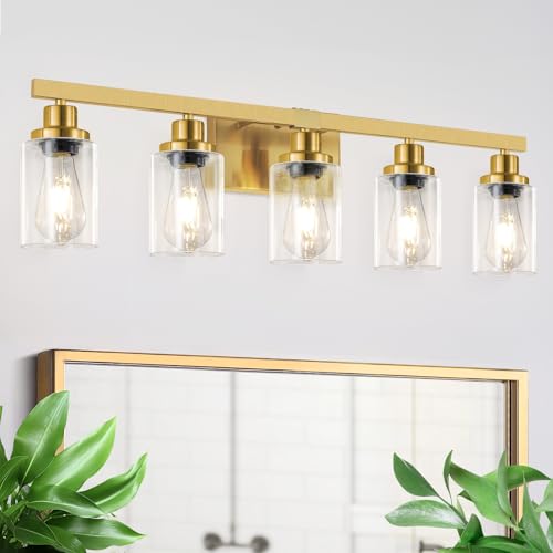 Image of 5 Light Gold Bathroom Vanity Light, Bathroom Light Fixtures, 31 inch Modern Brushed Gold Vanity Lighting Fixtures for Bathroom Over Mirror, Gold Sconces Wall Lighting for Bedroom