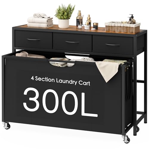 Laundry Sorter, Rolling Laundry Hamper with 4 Section Pull-Out Bags, 300L Large Laundry Basket Organizer with 3 Drawers, Laundry Hamper with Wheels for Laundry Room Organization, Bathroom, Bedroom
