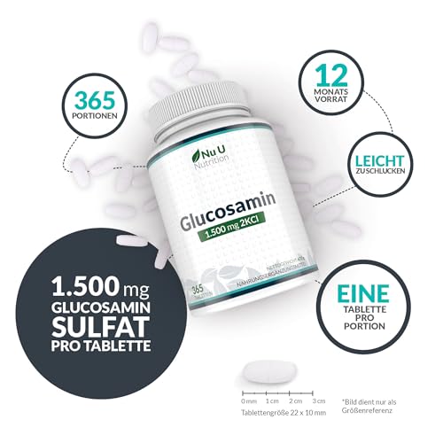 Glucosamin 1500mg 2KCI Hochdosiert - 365 Tabletten - 12 Monate Vorrat - Versorgung für ein Jahr - Nu U Nutrition
