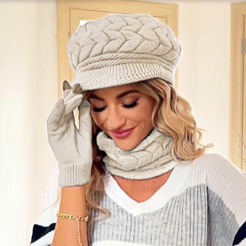 Image of 3-Pieces Winter Hat Gloves Scarf Set, Knit Warm Beanie Hat Neck Warmer Touch Screen Mittens for Women
