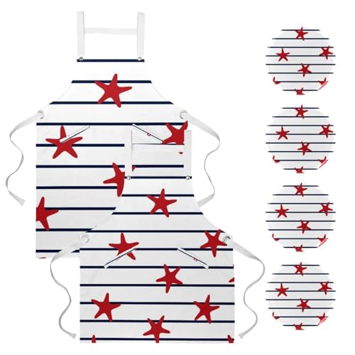 Lot de 2 tabliers de cuisine avec poches motif étoiles de mer rouges