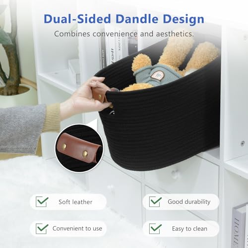 ECDYQXVU Cotton Rope Basket, Storage Baskets with Handle, 15x10x9 Inch Woven Basket for Shelves, Laundry, Towels, Clothes, Books (Black 1Pack) by ECDYQXVU - Image 4