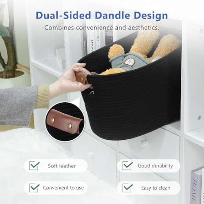 Cotton Rope Basket , Storage Baskets with Handle, 15x10x9 Inch Woven Basket for Shelves, Laundry, Towels, Clothes, Books, Toys (Black 1Pack)