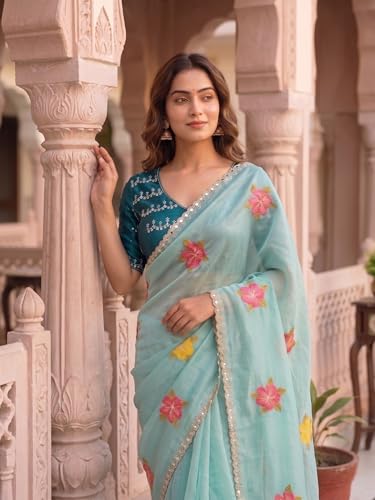 Image of Handcrafted Floral Embroidered Saree with Contrast Blouse