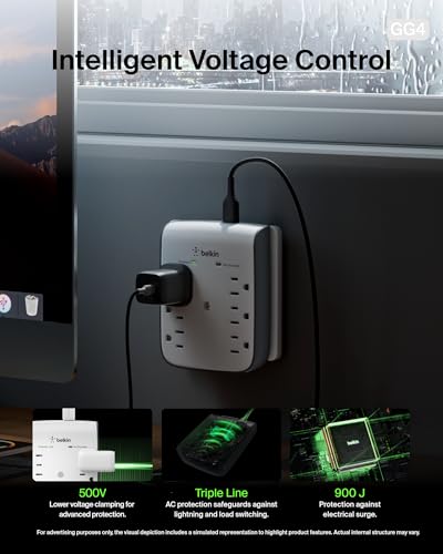 Belkin 6-Outlet Wall Surge Protector w/ 2 USB-A Ports, Wall-Mountable Surge Protector for Home, Office, Travel, Computer Desktop, Laptop, Phone Charger, & More - 900 Joules of Protection - Thumbnail 4